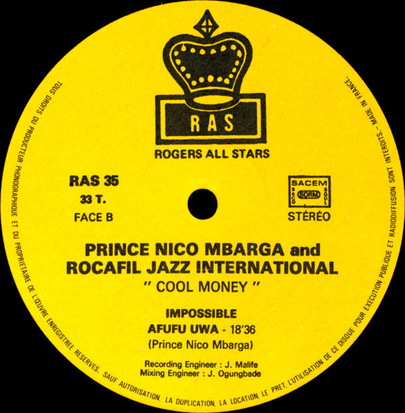 Prince Nico Mbarga And Rocafil Jazz - Cool Money (Vinyl, LP, Album, Stereo) Very Good Plus (VG+) / Good Plus (G+)