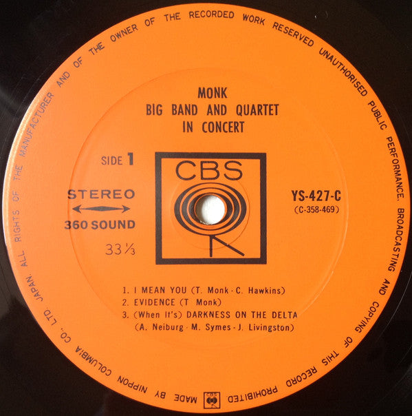 Thelonious Monk - Big Band And Quartet In Concert (Vinyl, LP, Album, Stereo) Very Good Plus (VG+) / Very Good Plus (VG+)