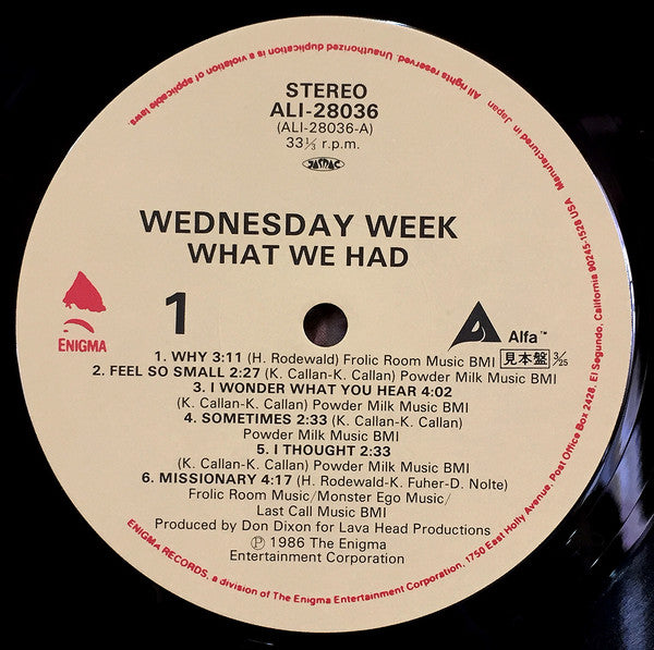 Wednesday Week - What We Had (Vinyl, LP, Promo) Near Mint (NM or M-) / Very Good Plus (VG+)