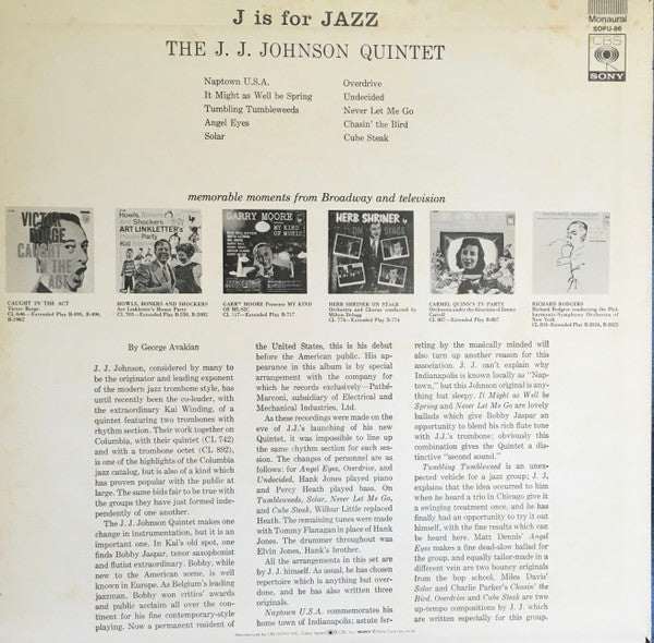 The JJ Johnson Quintet - J Is For Jazz (Vinyl, LP, Album, Reissue, Mono) Very Good Plus (VG+) / Very Good Plus (VG+)