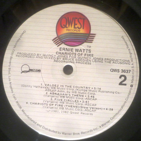 Ernie Watts - Chariots Of Fire (Vinyl, LP, Album, Partially Mixed) Very Good Plus (VG+) / Very Good (VG)