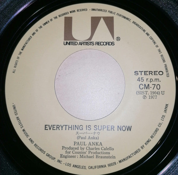 Paul Anka - Everything Is Super Now (Vinyl, 7", 45 RPM) Very Good (VG) / Very Good Plus (VG+)