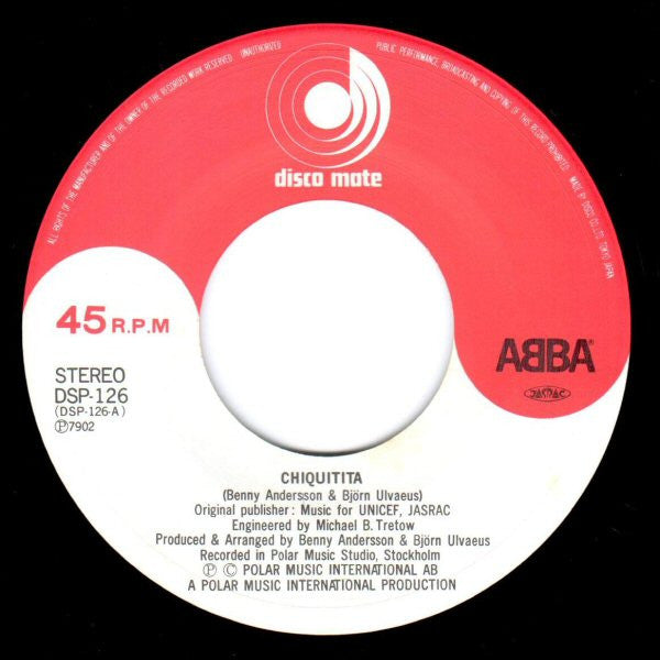 ABBA - Chiquitita c/w Lovelight (Vinyl, 7", 45 RPM, Single) Very Good (VG) / Very Good Plus (VG+)