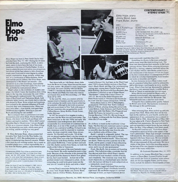 Elmo Hope Trio - With Jimmy Bond & Frank Butler (Vinyl, LP, Album, Reissue, Remastered, Stereo) Very Good Plus (VG+) / Very Good (VG)