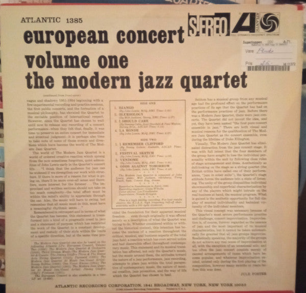 The Modern Jazz Quartet - European Concert : Volume One (Vinyl, LP, Album, Reissue, Stereo) Very Good Plus (VG+) / Very Good Plus (VG+)