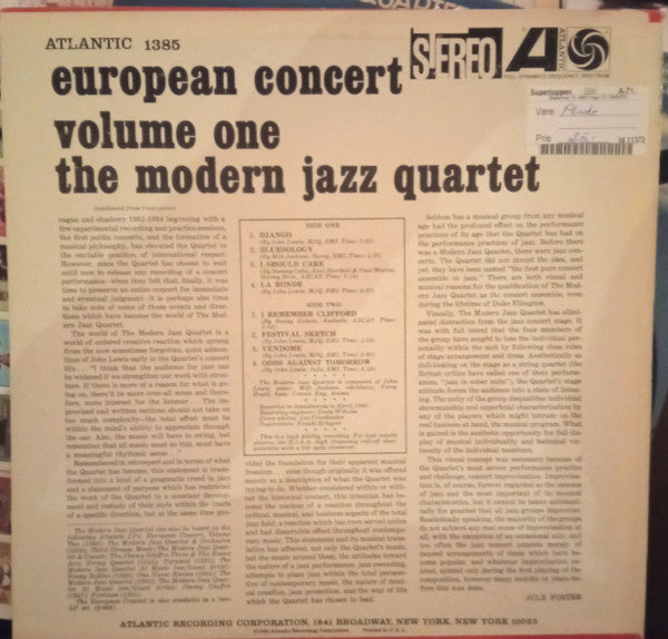 The Modern Jazz Quartet - European Concert : Volume One (Vinyl, LP,...
