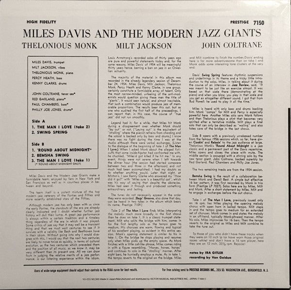Miles Davis - Miles Davis And The Modern Jazz Giants (Vinyl, LP, Album, Compilation, Reissue, Mono) Very Good Plus (VG+) / Very Good Plus (VG+)