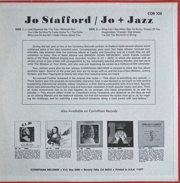 Jo Stafford - Jo + Jazz (Vinyl, LP, Album, Stereo, Reissue) Very Good Plus (VG+) / Very Good Plus (VG+)
