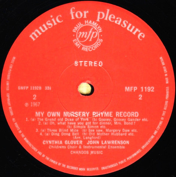 Cynthia Glover - My Own Nursery Rhyme Record (Vinyl, LP) Good Plus (G+) / Good (G)
