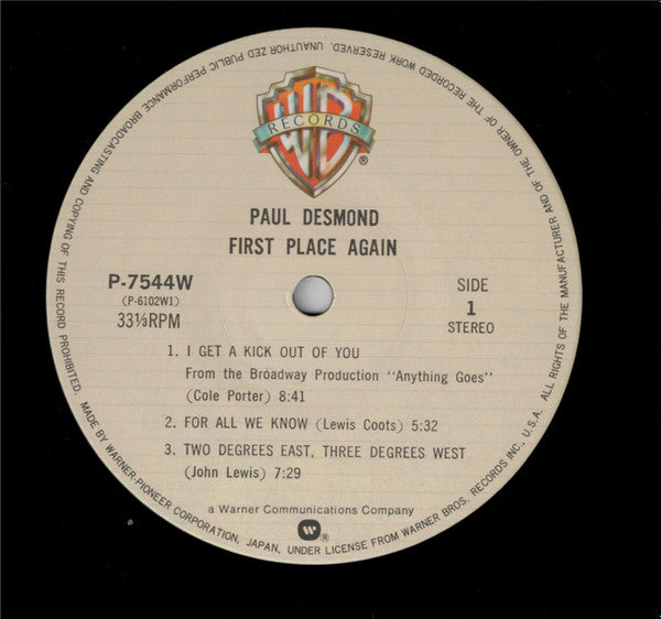 Paul Desmond - "First Place Again" Playboy (Vinyl, LP, Album, Stereo, Reissue) Very Good Plus (VG+) / Very Good Plus (VG+)