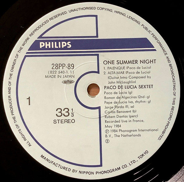Paco De Lucia Sextet - Live... One Summer Night (Vinyl, LP, Album, Stereo) Very Good Plus (VG+) / Very Good (VG)