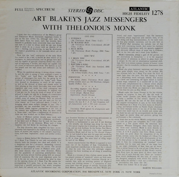 Art Blakey & The Jazz Messengers - Art Blakey's Jazz Messengers With Thelonious Monk (Vinyl, LP, Album, Reissue, Repress, Stereo, Mono) Very Good (VG) / Very Good Plus (VG+)