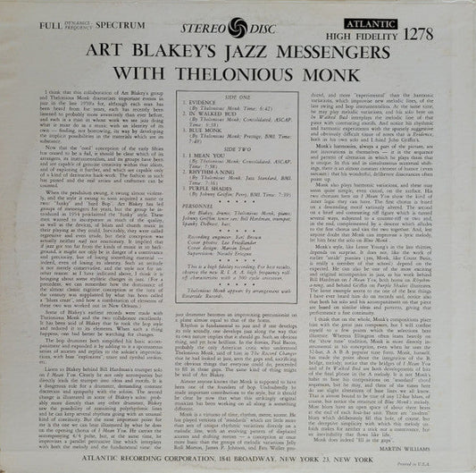Art Blakey & The Jazz Messengers - Art Blakey's Jazz Messengers With Thelonious Monk (Vinyl, LP, Album, Reissue, Repress, Stereo, Mono) Very Good (VG) / Very Good Plus (VG+)