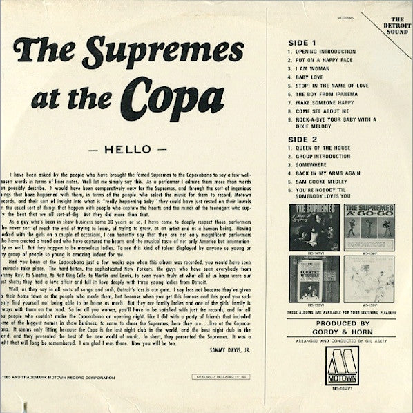 The Supremes - At The Copa (Vinyl, LP, Album, Reissue, Stereo) Very Good Plus (VG+) / Good (G)