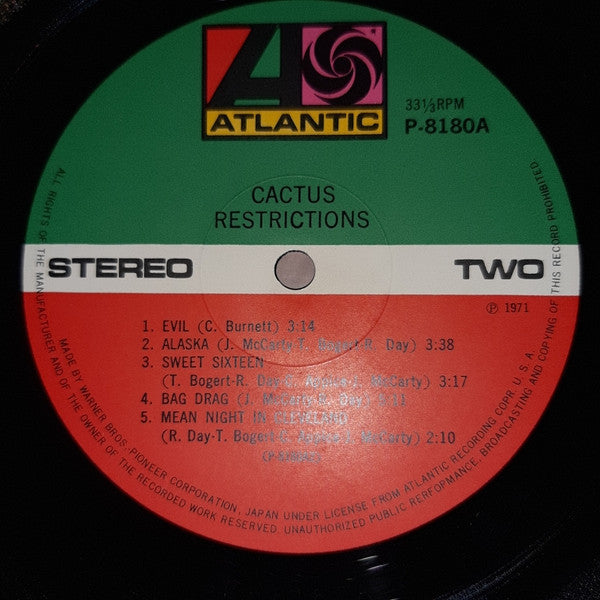 Cactus (3) - Restrictions (Vinyl, LP, Album) Very Good (VG) / Very Good Plus (VG+)