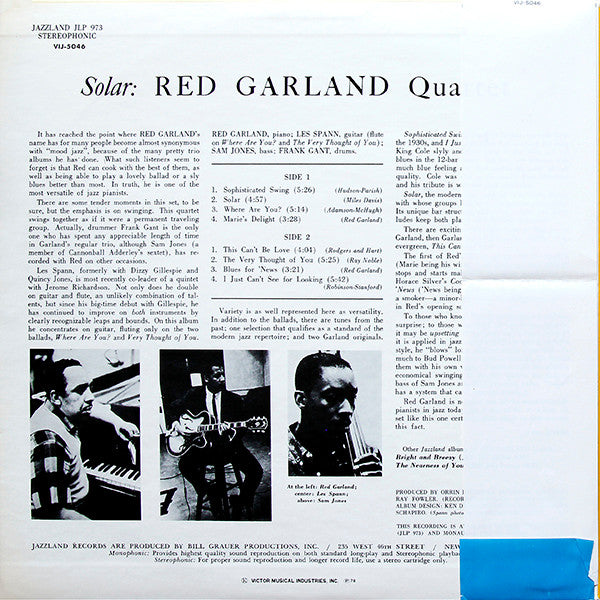 Red Garland Quartet - Solar (Vinyl, LP, Album, Limited Edition, Reissue, Stereo) Near Mint (NM or M-) / Good Plus (G+)