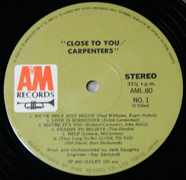 Carpenters - Close To You = 愛のプレリュード (Vinyl, LP, Album) Very Good Plus (VG+) / Good Plus (G+)