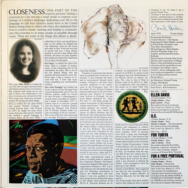 Charlie Haden - Closeness (Vinyl, LP, Album, Reissue) Very Good Plus (VG+) / Very Good (VG)