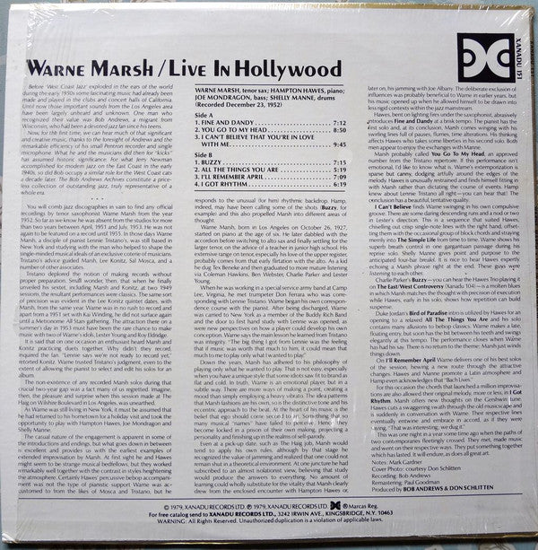 Warne Marsh - Live In Hollywood (Vinyl, LP, Album, Reissue, Remastered) Very Good (VG) / Very Good (VG)