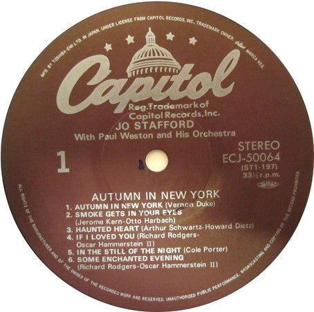 Jo Stafford - Autumn In New York (Vinyl, LP, Album, Reissue, Stereo)
