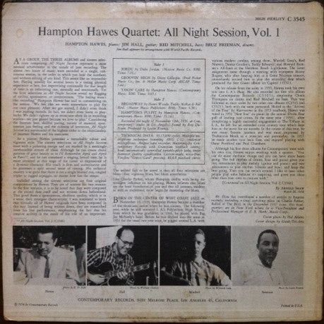 Hampton Hawes Quartet - All Night Session, Vol. 1 (Vinyl, LP, Album, Mono) Good Plus (G+) / Good Plus (G+)