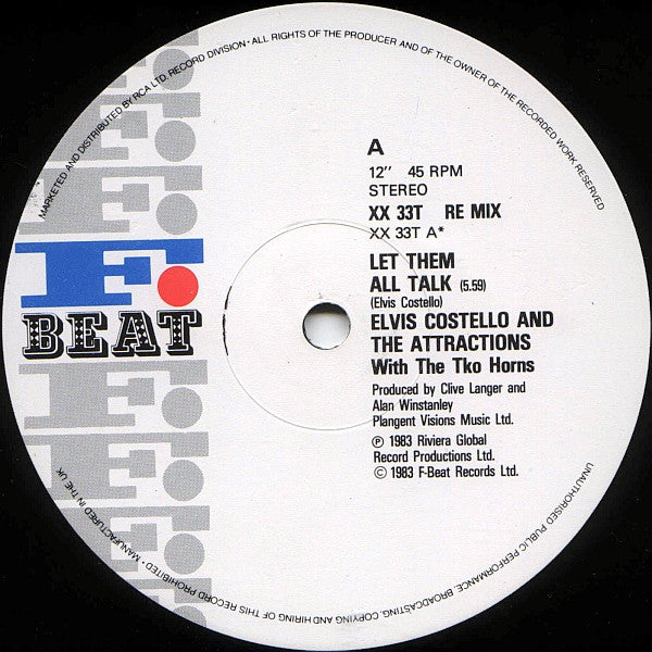 Elvis Costello & The Attractions - Let Them All Talk (Extended 12" Remix) (Vinyl, 12", 45 RPM, Stereo) Very Good (VG) / Very Good (VG)