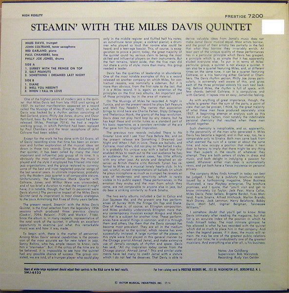 The Miles Davis Quintet - Steamin' With The Miles Davis Quintet (Vinyl, LP, Album, Reissue, Mono) Very Good Plus (VG+) / Very Good Plus (VG+)