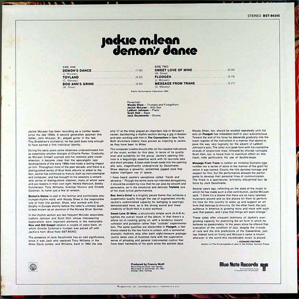 Jackie McLean - Demon's Dance (Vinyl, LP, Album, Stereo) Very Good Plus (VG+) / Very Good Plus (VG+)