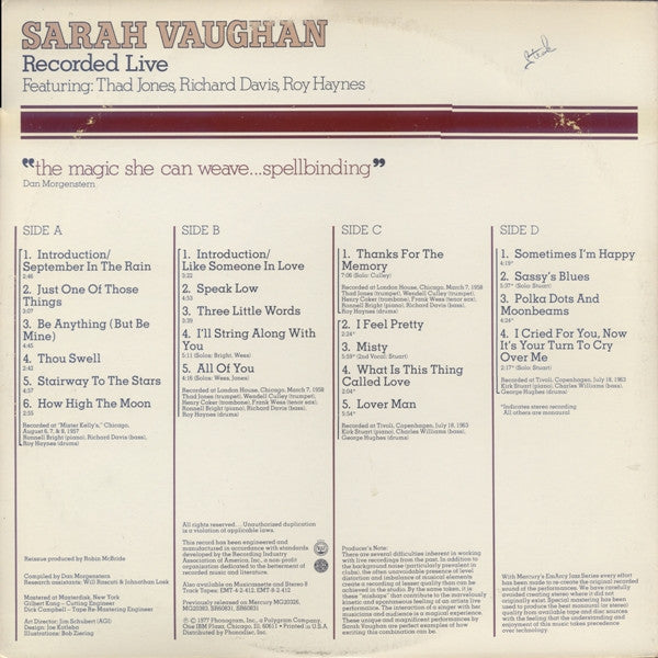 Sarah Vaughan - Recorded Live (2xVinyl, LP, Compilation, Remastered) Very Good Plus (VG+) / Very Good (VG)
