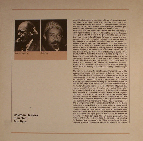 Coleman Hawkins - Coleman Hawkins Stan Getz Don Byas ‎ (Vinyl, LP, Compilation, Stereo, Mono) Very Good (VG) / Very Good (VG)