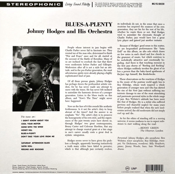 Johnny Hodges And His Orchestra - Blues A-Plenty (Vinyl, LP, Album, Reissue, Repress, Stereo) Very Good Plus (VG+) / Very Good (VG)