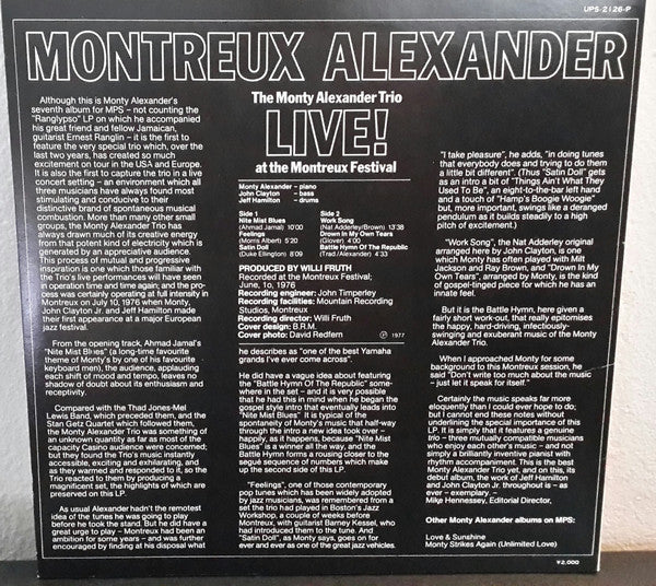 The Monty Alexander Trio - Montreux Alexander - Live! At The Montreux Festival (Vinyl, LP, Album, Stereo) Very Good Plus (VG+) / Very Good (VG)