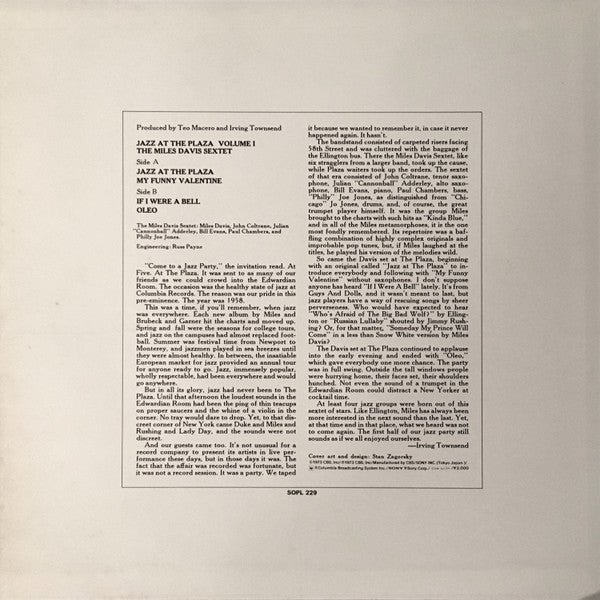 The Miles Davis Sextet - Jazz At The Plaza Vol. 1 (Vinyl, LP, Album, Reissue) Very Good (VG) / Very Good Plus (VG+)