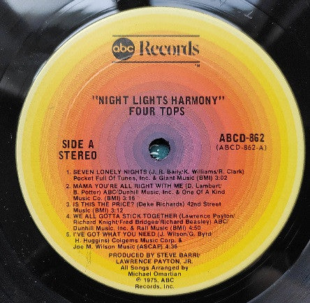Four Tops - Night Lights Harmony (Vinyl, LP, Album, Stereo) Very Good (VG) / Good (G)