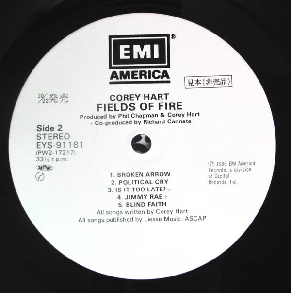 Corey Hart - Fields Of Fire (Vinyl, LP, Album, Promo) Near Mint (NM or M-) / Very Good Plus (VG+)