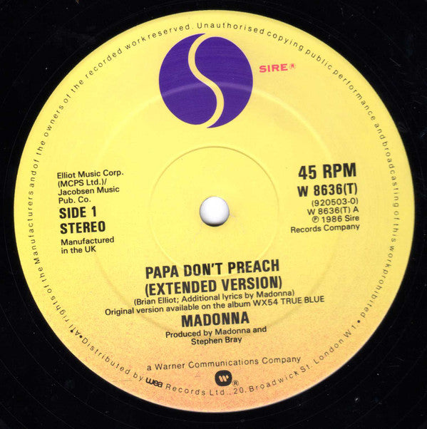 Madonna - Papa Don't Preach (Vinyl, 12", 45 RPM, Single, Limited Edition, Stereo) Very Good Plus (VG+) / Very Good Plus (VG+)