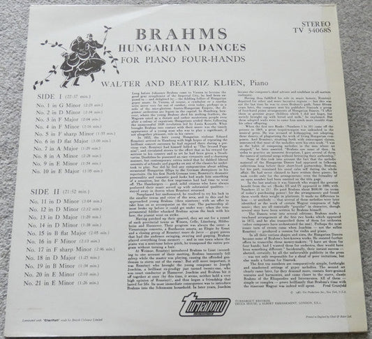 Beatriz Klien - Brahms Hungarian Dances For Piano Four-hands (Vinyl, LP, Stereo) Very Good (VG) / Very Good (VG)