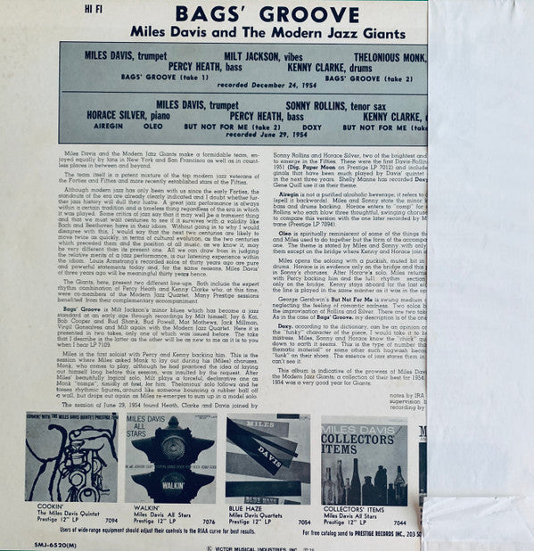 Miles Davis - Bags Groove (Vinyl, LP, Album, Reissue, Mono)