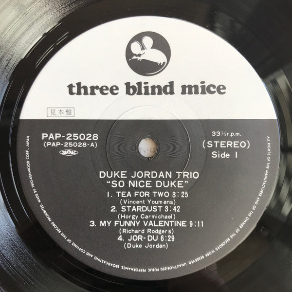 Duke Jordan Trio - So Nice Duke (Vinyl, LP, Album, Promo, Stereo) Very Good Plus (VG+) / Good (G)