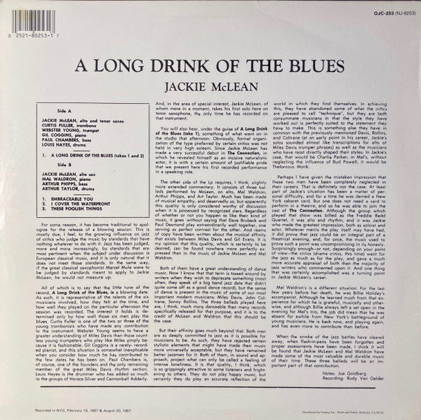 Jackie McLean - A Long Drink Of The Blues (Vinyl, LP, Album, Reissue, Mono) Very Good (VG) / Very Good (VG)
