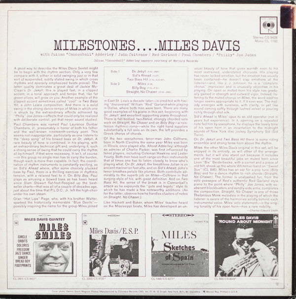 Miles Davis - Milestones (Vinyl, LP, Album, Repress, Stereo) Very Good Plus (VG+) / Very Good (VG)