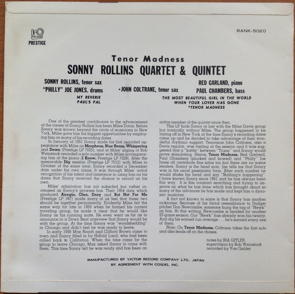 Sonny Rollins Quartet - Tenor Madness (Vinyl, LP, Album, Mono) Good Plus (G+) / Good Plus (G+)