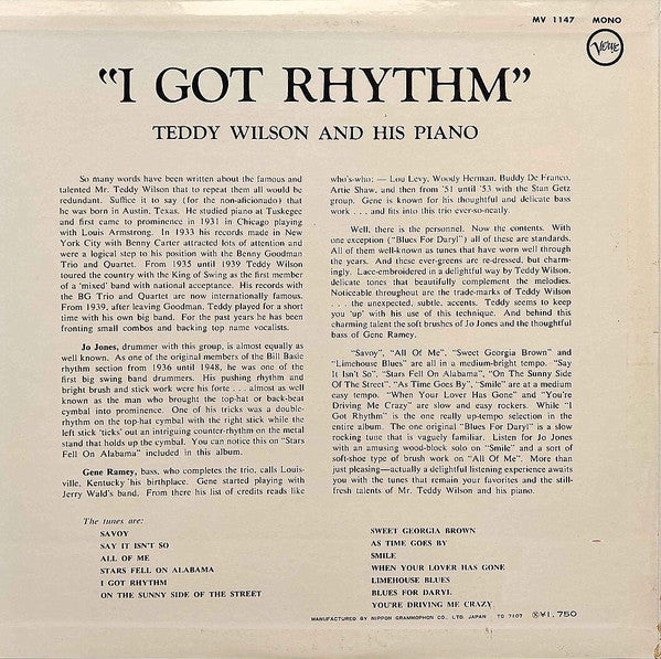 Teddy Wilson - I Got Rhythm (Vinyl, LP, Reissue, Mono) Very Good (VG) / Very Good (VG)