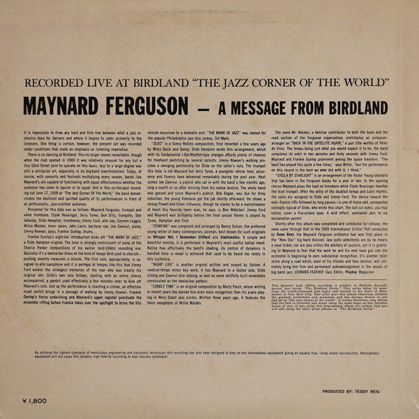 Maynard Ferguson - A Message From Birdland (Vinyl, LP, Album, Stereo) Very Good Plus (VG+) / Very Good (VG)