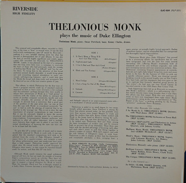 Thelonious Monk - Thelonious Monk Plays Duke Ellington (Vinyl, LP, Album, Reissue, Mono) Good Plus (G+) / Very Good Plus (VG+)