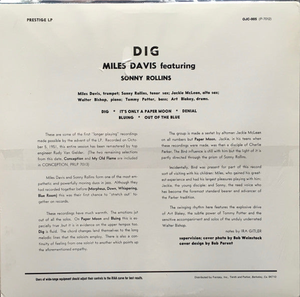Miles Davis - Dig (Vinyl, LP, Compilation, Reissue, Mono) Very Good (VG) / Very Good Plus (VG+)