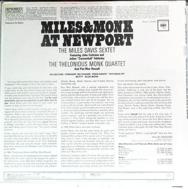 The Miles Davis Sextet - Miles & Monk At Newport (Vinyl, LP, Album, Stereo) Very Good Plus (VG+) / Very Good (VG)