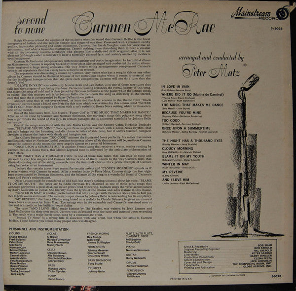 Carmen McRae - Second To None (Vinyl, LP, Album, Stereo) Good Plus (G+) / Good (G)