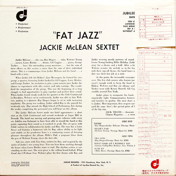 Jackie McLean Sextet - Fat Jazz (Vinyl, LP, Album, Reissue, Mono) Near Mint (NM or M-) / Good Plus (G+)