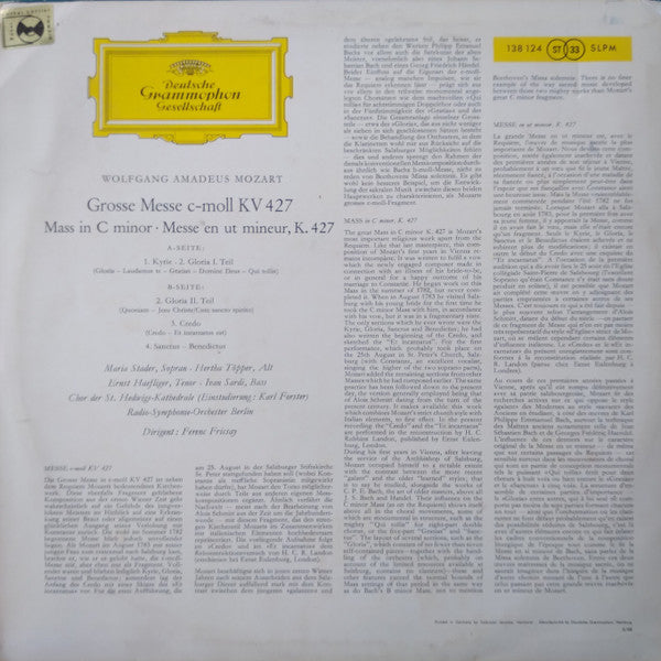 Wolfgang Amadeus Mozart - Grosse Messe In C-moll ‧ Mass In C Minor, K. 427 (Vinyl, LP, Stereo) Very Good Plus (VG+) / Very Good Plus (VG+)